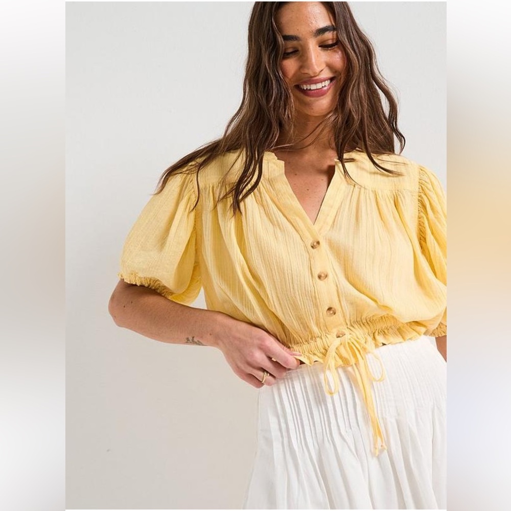 Free People Little Cloud Cropped Puff Sleeve Blouse Size XS 100% Cotton